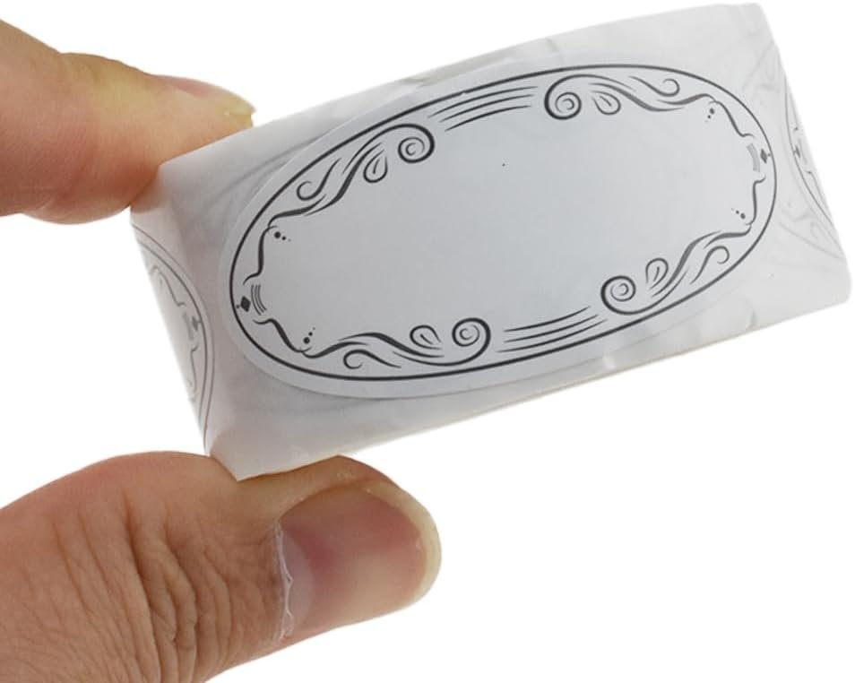 150 oval white kraft paper stickers with black art border - writable and durable