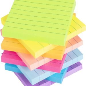 Lined Sticky Notes 3x3 in Bright Ruled Stickies Colorful Super Sticking Power Memo Pads, 82 Sheets/pad, 8 Pads/Pack