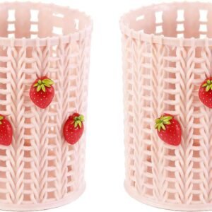 Pen holder (2-pack) — cute strawberry-shaped plastic desktop pen holder, mesh design, also serves as makeup brush and stationery storage (pink): Office Supplies