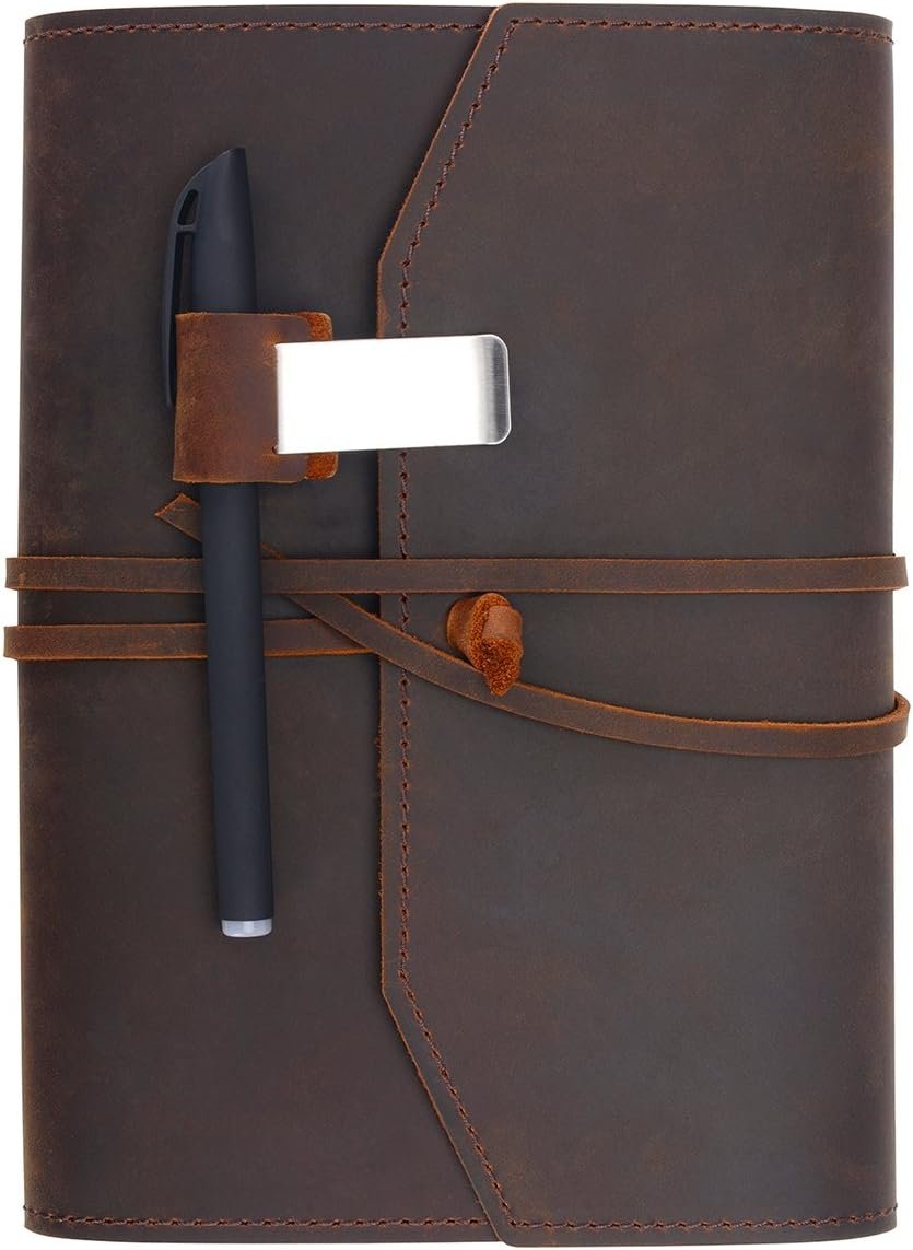 Refillable Leather Journal Writing Notebook - Lay Flat Notebook, Handmade Leather Bound Diary for Men & Women, Gift for Travel Diary, Creative Writing & Art Sketchbook to Write in, Large 6"x8", Brown