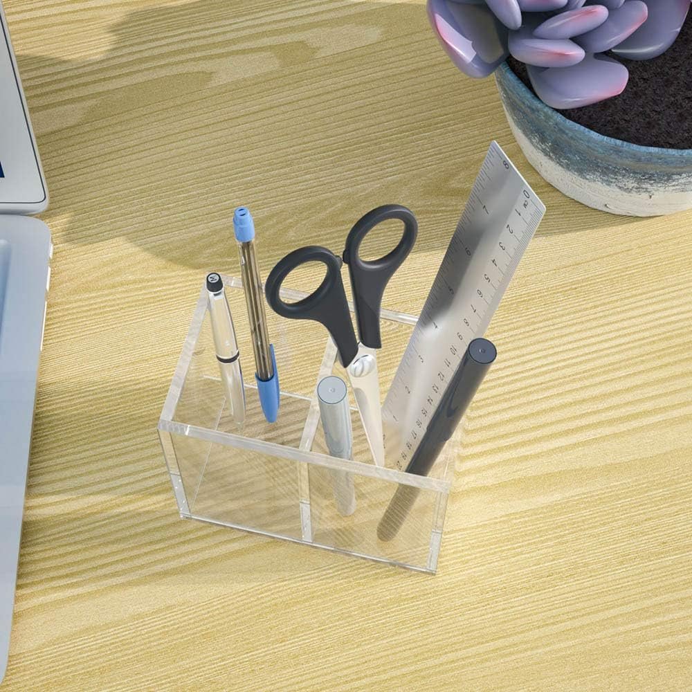 Acrylic Pen Holder (Double Compartment Design), Transparent Pencil Storage Cup, suitable for desktop and desktop accessory storage: Office Supplies - Image 2