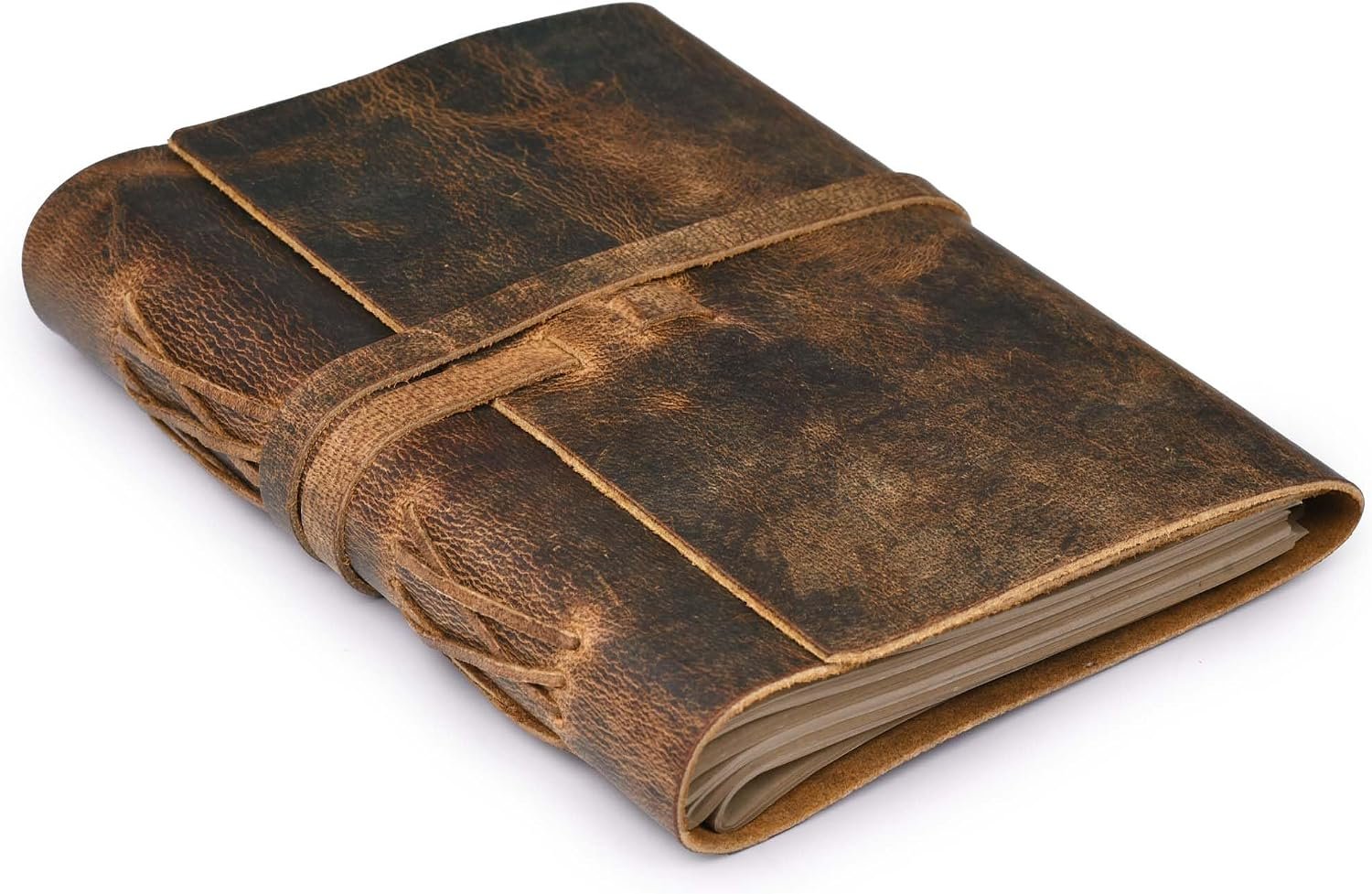 Genuine Leather Bound Journal Writing Notebook for Men Women - Daily Writing Notepad Lined Paper 300 Kraft Pages, Handmade, Rustic Brown, 6 X 4 in (A6)