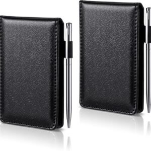 2 Pieces Pocket Notepad Small Notebook Memo Pads Hardcover Father's Day Papa Gift Journal Notepad with Refillable Lined Sheet and Ballpoint Pen Travel Journals, 5.4 x 3.4 Inch (Black)